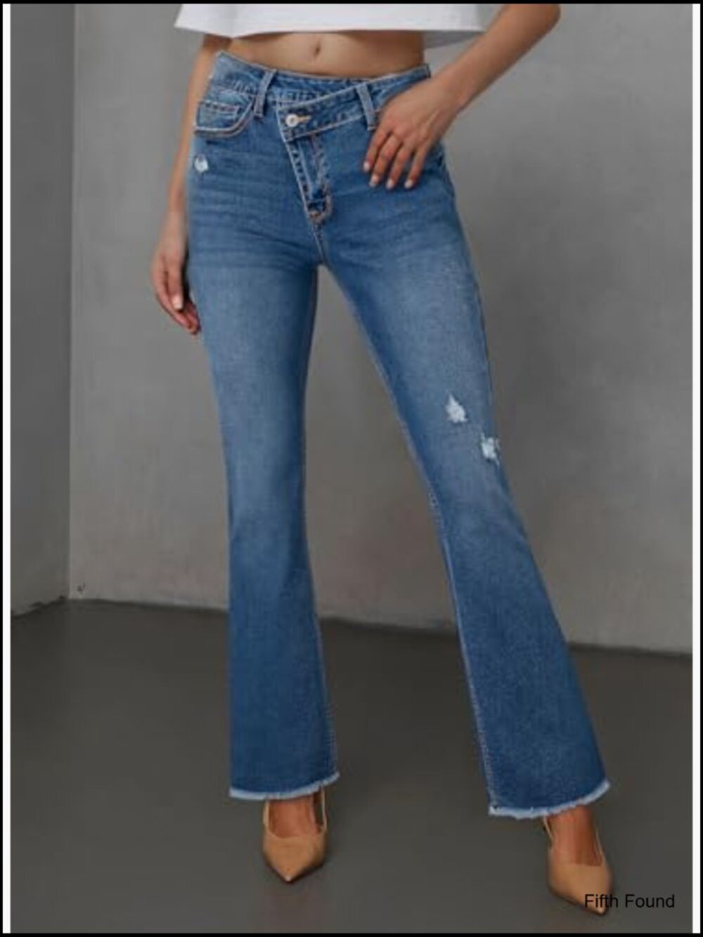 High Waisted Bell Bottom Flare Jeans Stretchy Ripped Distressed Raw Hem Pockets - Picture 3 of 7